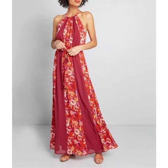 NWOT Modcloth Dress Burgundy Floral Illuminated Elegance Halter Maxi Dress XXS - Picture 1 of 11